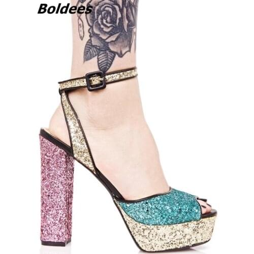 Newest Bling Buckle Style Peep Toe Mixed Color Matched Sandals Sequins Glittering Platform Shoes Fashion Dress Shoes