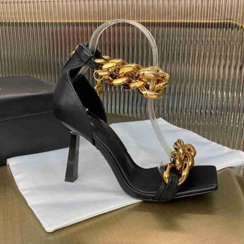 Gold Chains Sandals Women High Heels Sandalias Mujer Fashion Black Sandale a Talon Open Square Toe Summer Shoes Ladies Pumps