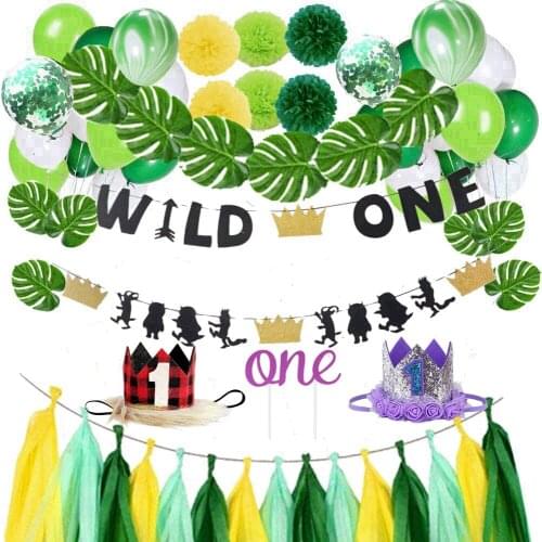 Lumberjack Series Wild One Kids 1st birthday Flag Cake Topper Table Chair Skirt Paper Tassel Flower Ball Set Decor