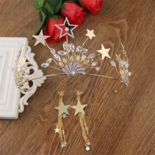 Gold Color Bridal Wedding Tiara Headdress Accessories Crystal Beads Stars Crown and Tassel Earrings Bride Princess Hair Jewelry