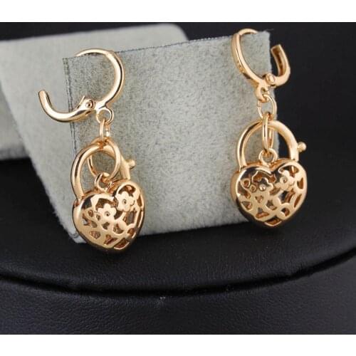 Heart Padlock Wedding Dangle Earrings Yellow Gold Filled Classic Womens Earrings Pretty Gift