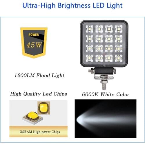 LED Work Light 10V-30V 45W Led Bar Square Flood Light Off road LED work light 6000K 1200LM Super Bright for Truck Car SUV