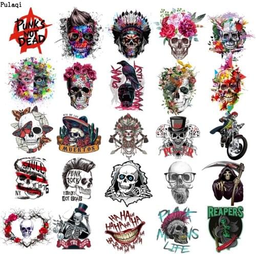 Pulaqi DIY Iron On Transfer Vinyl Punk Skull Heat Transfer Patches For Clothes Stripe PVC Patch Sticker Stranger Things Applique