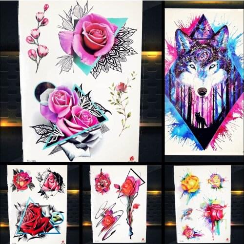 Pink Rose Temporary Women Tattoo Chest Stickers Galaxy Wolf Geometric Flower Party Flash Tattoo Girls Supplies Waterproof Tatoos
