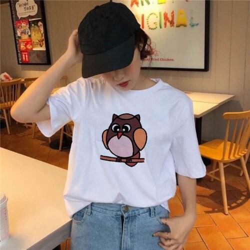 Fashion Cartoon Owl Print T Shirt Women Lovely Print Short Sleeved O-neck T-shirt Vintage Ullzang Tshirt Harajuku Tops