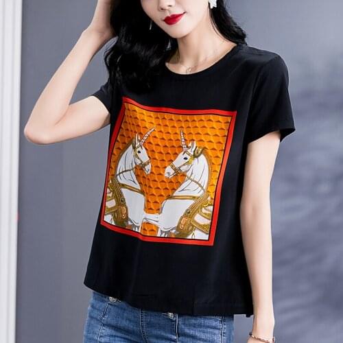 Black Pink White Women Casual Tees Tops 2021 Summer O-neck Short Sleeve Loose Tee Shirts Real Silk Patchwork Cotton Lady T-shirt