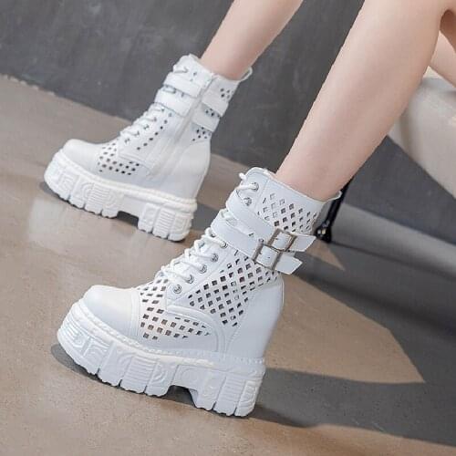 Summer New Fashion Style Height Increasing Platform Cut Out Metal Buckles Genuine Leather Women Half Mid-Calf Equestrian Boots