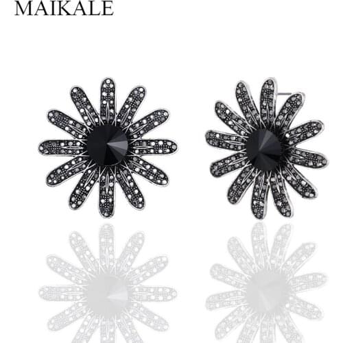 MAIKALE Vintage Sunflower Zinc Alloy Mosaic Rhinestone Stud Earrings for Women Jewelry Statement High Quality Classical Gift