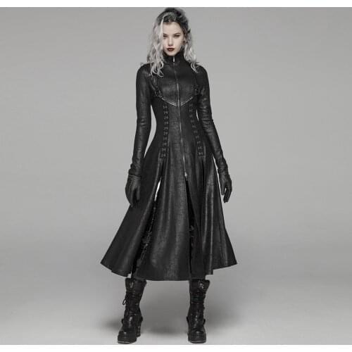 PUNK RAVE Women Dark Punk Long Coat Retro Front Zipper Stand Collar Overcoat Punk Rock Stage Perform Women Long Trench Coat