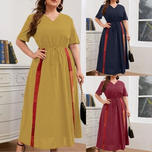 5XL Plus size Summer Dress 2021 Women Color Block O-Neck Short Sleeve Elastic Waist Lace Casual Long Dress Maxi dress vestidos