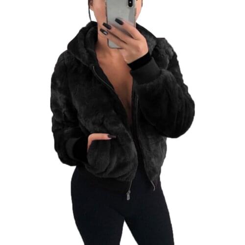 Winter Short Hooded Jacket Coat Womens High Waist Rabbit Fur Sweatshirts with Zipper Women Hoodies Casual Female Clothes S-3XL
