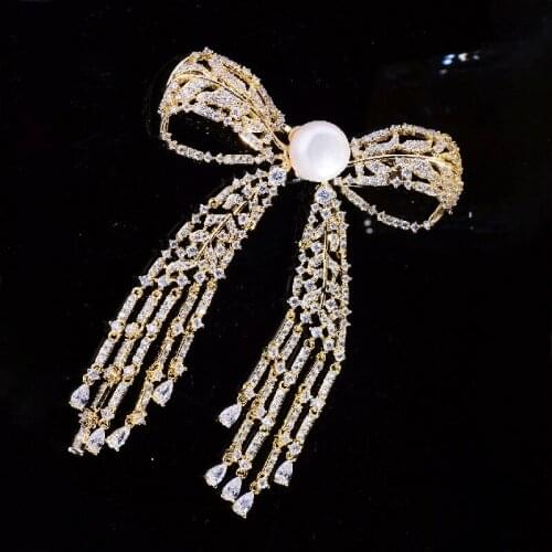 2021 Elegant Tassel Brooch Zircon Bow Knot Brooches Temperament Freshwater Pearl Bowknot Broochpin for Womens Clothing Jewelry