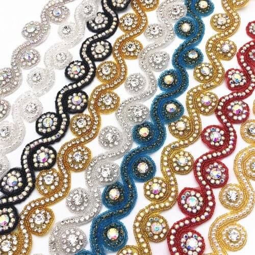 5yards many color Pearls Crystal Rhinestone Beaded Trim Applique Iron On Bridal Costume SEW ONLeiao Craft