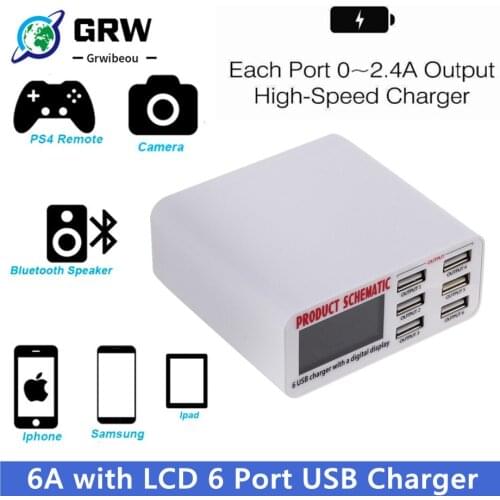 6A with LCD Digital Display 6 Port USB Charger Fast Smart Charging Station for iPhone Xiaomi Samsung Huawei Tablet