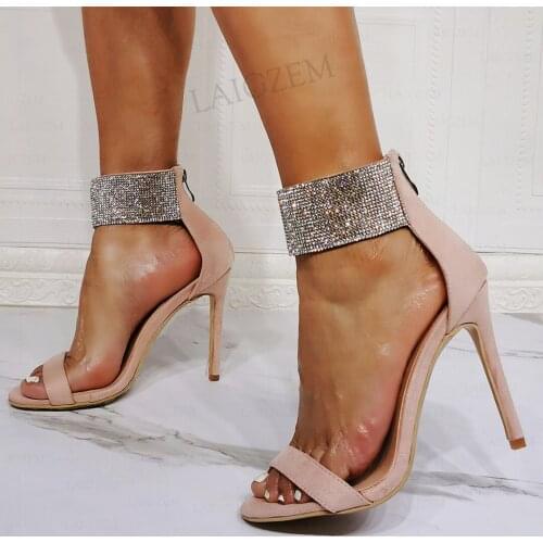BERZIMER Women Sandals Bling Crystal High Heels Back Zip Faux Suede Wedding Prom Ladies Summer Shoes Woman Large Size 41 44 47