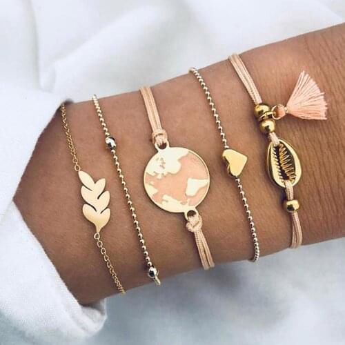 Bohemian 2020 Shell Map Heart Charm Bracelets Bangles For Women Pink Tassel Bracelets Sets Jewelry Gifts New Vintage