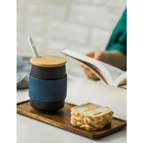 Household ceramic coffee mugs with spoon and wood lid creative breakfast cup simple modern office mens and womens water cups