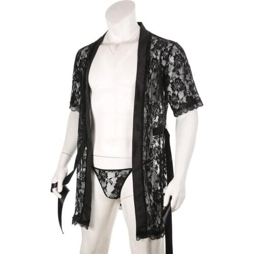 Lace Bathrobe Men Sexy Long Robe Nightwear Sleepwear Kimono Nightgown Loose Bath Gown Male Erotic Costume Home Wear with T-back