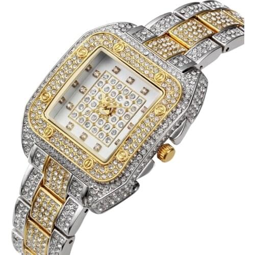 Top Selling European Gold Square Quartz Watches for Women Iced Out Luxury Brand Womens Watches Rhinestone Elegant Ladies Watch