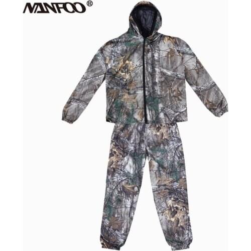 Professional Summer Bionic Camo Fishing Suit Anti-mosquito Hooded Camo Hunting Clothes Front Zipper Camouflage Jacket Pants