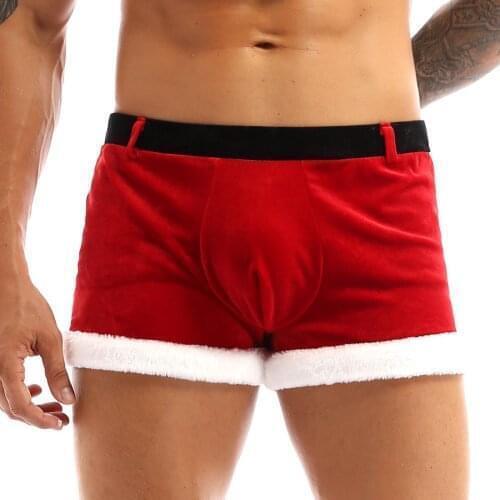 Red Mens Christmas Santa Claus Boxer Shorts Soft Velvet Tight Christmas Fancy Party Cosplay Costume Underwear Panties