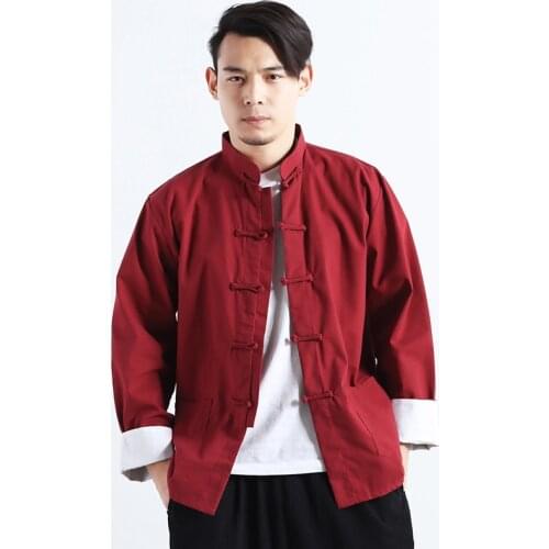 Men Long Sleeve Linen Blouse Kung Fu Coat Outfit Traditional Chinese Style Tang Suit Cotton Hanfu TShirt Tee Top Tai Chi Uniform