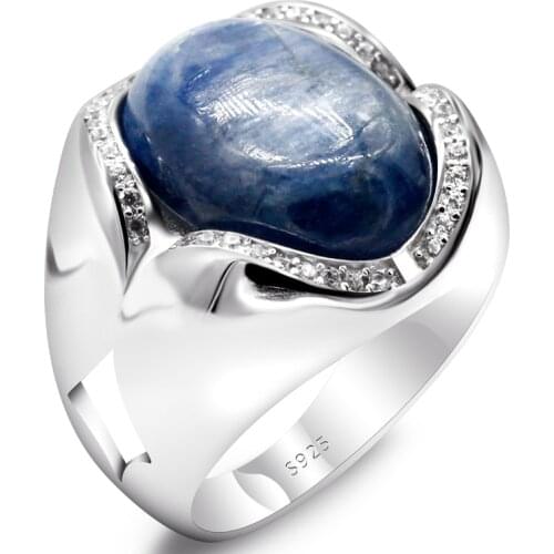 Natural Blue Kyanite Men Ring Vintage 925 Sterling Silver Courage and Strength Stone for Male Women Lucky Turkish Style Jewelry