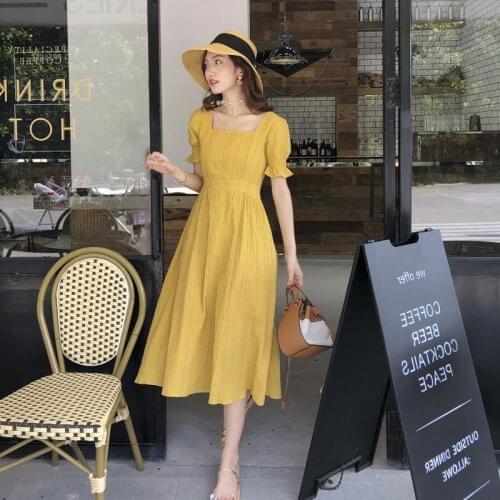 Women Fashion Square Collar Midi Dress 2020 Summer Casual Simple A-line Dresses Party Vintage Korean Yellow Dress Robe Femme