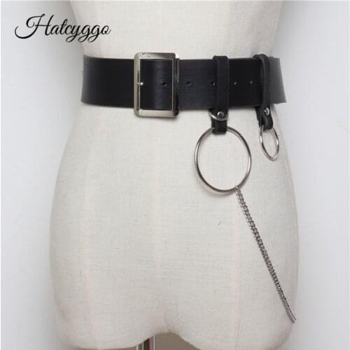 HATCYGGO Punk Hip-hop Waist Belt Chain Leather Women Belt Double Ring Wide Strap Lady Fashion Silver Pin Buckle Waistband Jeans