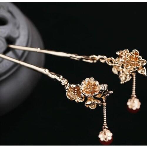 Vintage Apricot Blossom Camellia Flower Hair Stick Hairpin Women Banquet Metal Hair Pins Wedding Hair Jewelry Accessories
