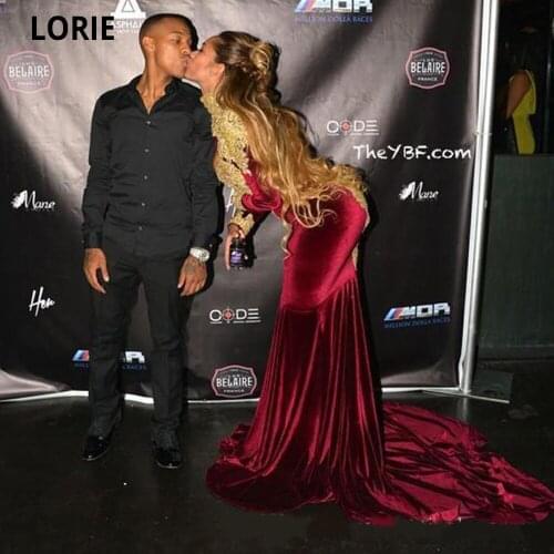 LORIE Dubai Kaftan Formal Celebrity Evening Gowns Mermaid Long Sleeve Elegant Burgundy Velvet Gold Appliques Party Prom Dresses