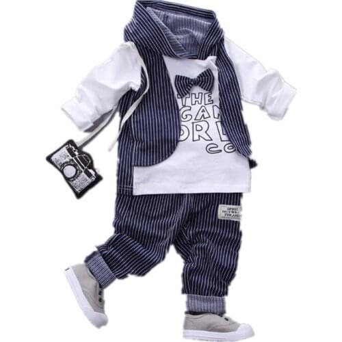 Spring Children Cotton Clothes Baby Boys Stripe Letter Print Bow Hooded Pants 2Pcs/sets Infant Kids Fashion Toddler Tracksuits