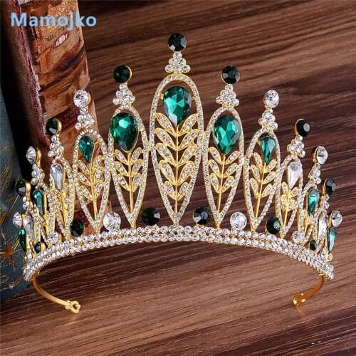 Mamojko European Blue Crystal Crown Gold Silver Vintage Rhinestone Pageant Royal Tiara Baroque Wedding Hair Accessory for Bride