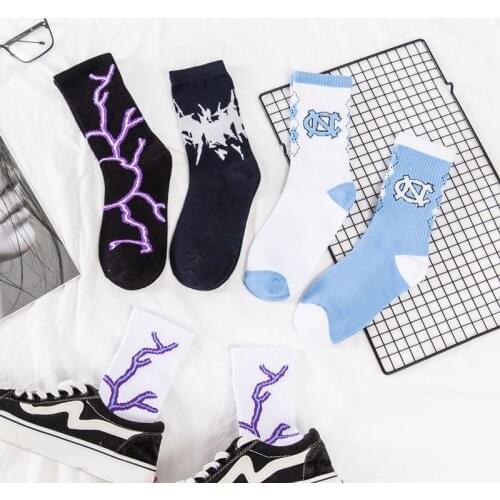 Women Socks Harajuku Lightning Hip-hop Cotton Novelty Socks Couple Streetwear Black White Blue Japanese Fashion High Quality Hot