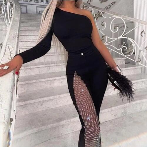 Spring and Autumn Womens One Shoulder Long Sleeve Jumpsuit Tight Bandage Black Crystal Diamond Celebrity Catwalk Party Jumpsuit