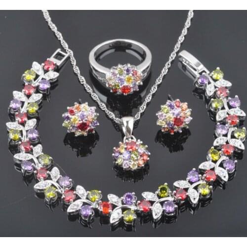 For Women Jewelry Sets Bridal Jewellry Silver Color Multicolor Cubic Zirconia Earrings Rings Bracelets Pendant Necklace QS0229