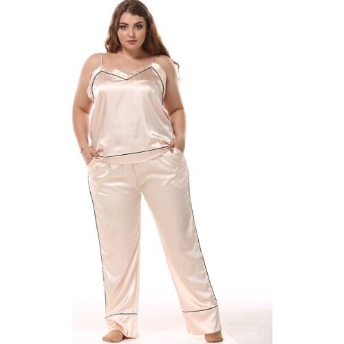 Big Size Lady Imitation Silk Pajama Sets Satin Silk Sling Top + Long Pants Homewear V-Neck Casual Sleepwear Fat MM Women 95200