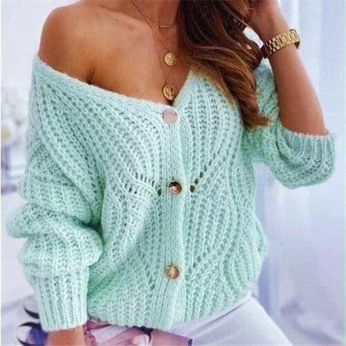 Knitted Hollow Out Womens Cardigan Sweater V-neck Drop Shoulder Long Sleeve Loose Cardigans Women 2021 Autumn Ladies Knitwear