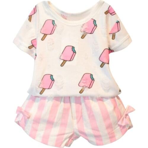 ZWF178 Hot Summer Kids Girls Clothing Set Ice Cream Printed T-shirt +Striped Bow Shorts 2 Pcs 3-10 Years New