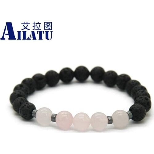 Ailatu Wholesale 10pcs Jewelry Black Lava Energy Stone Beads with Pink Crystal Bracelets