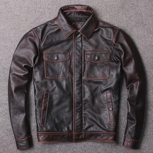 Free shipping,plus size genuine leather jacket,mens classic vintage cowhide coat,quality casual slim frock jackets.sales.brand