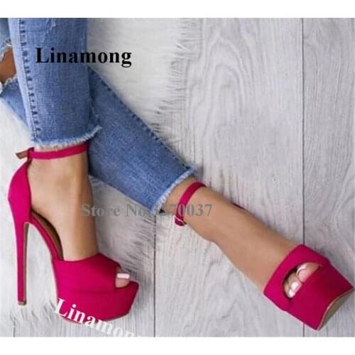 Linamong Fashion Peep Toe Suede Leather High Platform Stiletto Heel Sandals Pink Red High Heel Sandals Club Dress Shoes