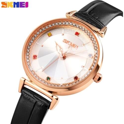 SKMEI Top Brand Luxury Quartz Watch Vintage Genuine Leather Women Clock Ladies With Diamond Wristwatch Gift Relogio Feminino