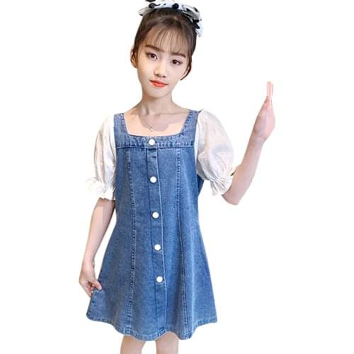 Dress Girl Patchwork Party Girl Denim Dress Summer Dress Kids Casual Style Girls Clothing 6 8 10 12 14