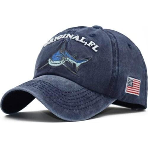 Embroidery Washed Cotton Shark Dad Hat For Men Vintage Baseball Cap Hip Hop Curved Fishing Cap Summer Fish Snapback Women Hat