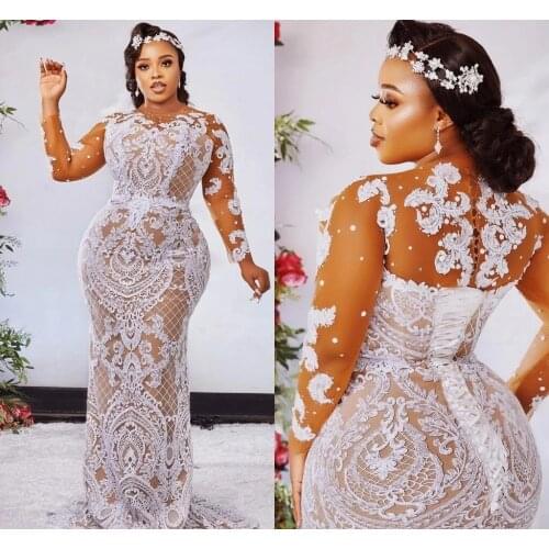 Arabic Lace Mermaid Wedding Dresses Sheer Neck Full Sleeves Bridal Gowns Illusion Aso Ebi Vestido De Novia Appliques