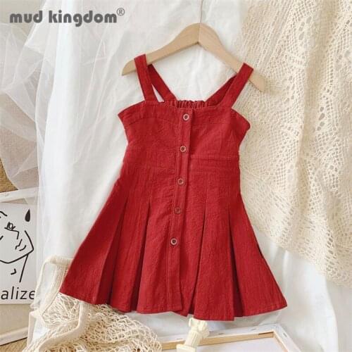 Mudkingdom Summer Girl Sleeveless Dress Solid Ruched A-line Suspender Backless Dresses for Girls Fashion Button Kids Clothes