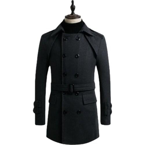 2021 Winter Mens double-breasted Middle Long Scarf Collar Cotton-padded Thick Warm Woolen Coat Male Trench Coat Overcoat 3XL
