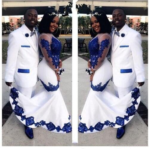 New White Satin Royal Blue Lace Aso Ebi African Prom Dresses Long Illusion Sleeves Appliqued Mermaid Evening Formal Gowns Pagean