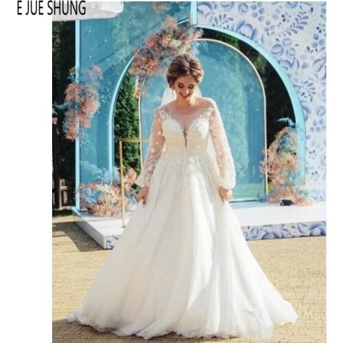 E JUE SHUNG Charming Wedding Dresses Sheer O Neck Long Sleeves With Flowers Hollow Back Boho Tulle Wedding Gowns robe de mariee